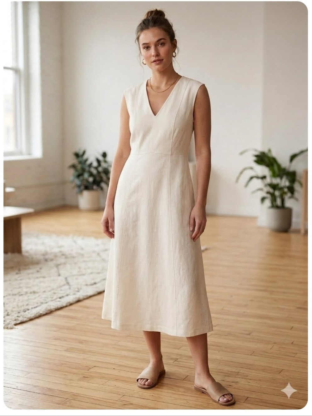NWT Linen V Neck Fitted MIDI DRESS CREAM SMALL